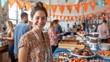 © aicandy - A smiling young woman in a floral top enjoying a community potluck event inside a decoratively adorned hall with people and food tables in the background
