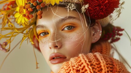 Wall Mural - Close-up portrait of a young woman adorned with vibrant autumn flowers and showcasing detailed makeup, reflecting seasonal beauty and artistic expression