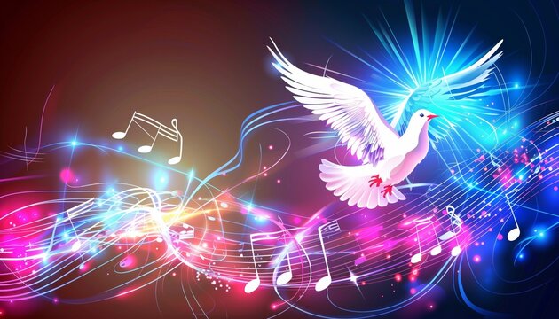 Abstract wave dove silhouette musical notes and shining lights, colorful bright light effect