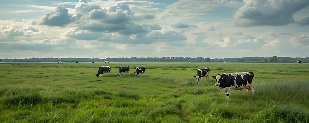 peaceful country pasture with grazing cows under a blue and white sky