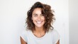 © CStock - a young woman with a casual portrait in a positive view, big smile over a white background