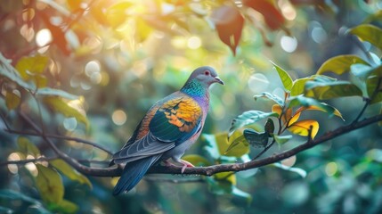 Wall Mural - Colorful bird perched on tree branch with green leaves, Beautiful colorful dove 