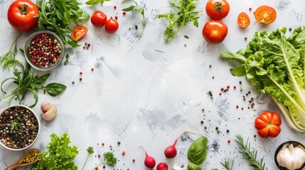 Wall Mural - Colorful food background with vegetables and herbs on white table, flat lay. A vibrant backdrop for cooking or healthy eating concepts. ,copy space, High quality,