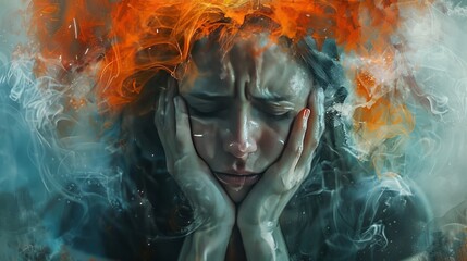 Emotional woman with her face in her hands, chaotic background reflecting inner turmoil, digital painting