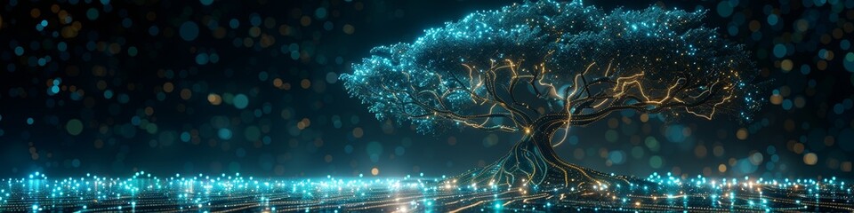 A tree with blue and green computer circuits running through the roots and branches, illustrating a concept of technology with biology, artificial intelligence, and green technology. 