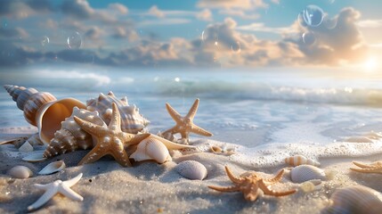 Wall Mural - Seashells and starfish on a beach sand. In the background of sea and sky