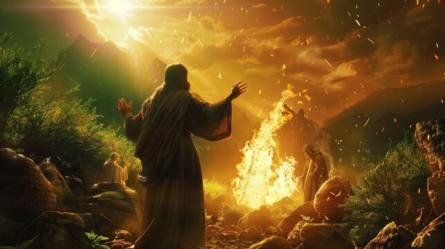person in the par - A dramatic, high-resolution image depicting the biblical moment of Moses encountering God at the burning bush., Ideal for religious projects, presentations, or artistic expressions