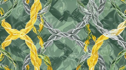 Sticker - Seamless fishnet damask pattern with rope tie motifs in yellow green and gray hues Digital wallpaper design