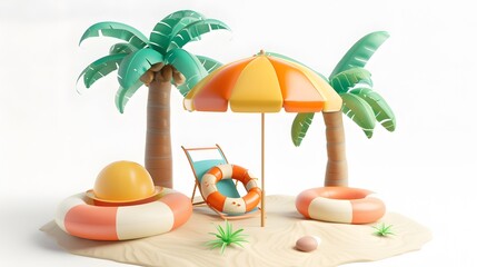 Wall Mural - Summer elements 3d icon clipart island isolated on white background, Minimal Realistic objects for mock-up with summer theme, beach umbrella, sand, inflatable ring, vacation time to travel.