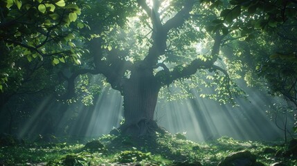 Wall Mural - Dark dense forest the sun's rays pass through the trees, shadows. Big old tree in the center. Beautiful forest fantasy landscape. unreal world. Mysterious forest. 3D illustration