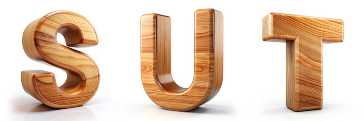 Letters S, T, U. Glossy Wooden Alphabet with Varnish Finish.