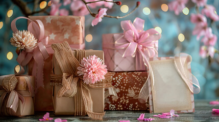 Wall Mural - Stack of different presents with blank note, delicately surrounded by the soft petals and shadows of cherry blossoms pink flowers, evoking a sense of gratitude and the beauty of spring.