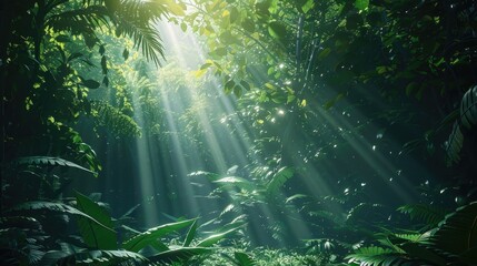 Wall Mural - Dark rainforest, sun rays through the trees, rich jungle greenery. Atmospheric fantasy forest. 3D illustration.