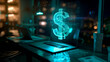 © Ali - dollar sign augmented reality hologram over a laptop on the table, digital money economy, online business transactions concept