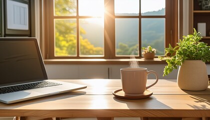 Escritorio ordenado con una computadora portátil abierta sobre la mesa y una taza de café humeante al lado