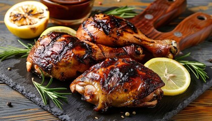 Close-up of perfectly grilled chicken halves, showcasing a golden brown crust and juicy interior.
