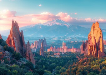Canvas Print - Scenic View of Vibrant Red Rock Formations and Green Valley at Sunrise with Majestic Snow-Capped Mountain in the Distance