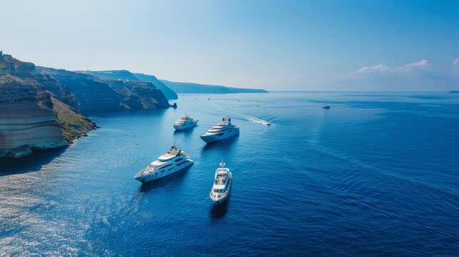 Clear blue sky, blue sea, pretty and nice Santorini beach tourist city overlooking from the sky, luxury yachts and yacht anchors, wide view 