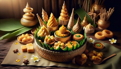 Wall Mural -  Traditional Thai Desserts in a Basket, assortment of traditional Thai desserts arranged in a woven basket with banana leaves, golden decorative items