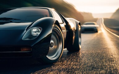 Sport black car drove fast, capturing a shot from the front wheel, showing the blurred road and other car