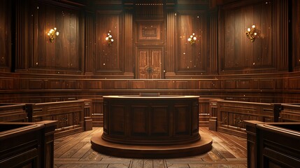 Classic wooden podium with brass accents, in a historic courtroom with dark wood paneling, perfect for legal presentations