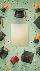 Wall Mural - Decorative Graduation Frame with Mortarboards, Diplomas, and Confetti - Perfect for Graduation Announcements or Memories