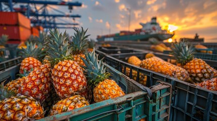 Crates of pineapples awaiting shipment on a dock, with a cargo ship in the background