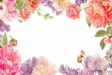 Wall Mural - Frame with watercolor flowers. Peonies of lilacs. Garland of flowers. Wedding invitation. Postcard.


