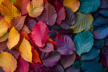 Wall Mural - Rainbow autumn leaves, top view, shot for a postcard.


