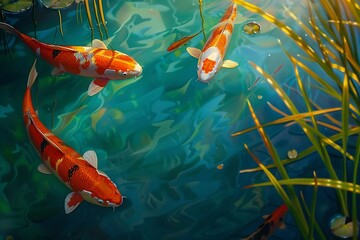 Wall Mural - A vibrant koi pond with fish swimming among the reeds