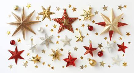 Starry Christmas Themed decorations on white background, with gold and red stars, festive and celebratory design.