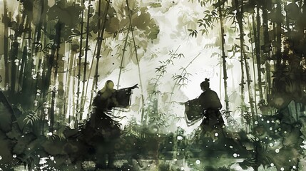 Wall Mural - A Chinese martial arts master and student practicing together in a serene bamboo forest, the scene illustrated in the expressive brushstrokes of an ink wash painting