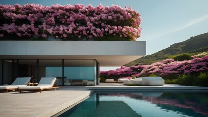 glass house with red beautiful flowers and near the high mountains and pool