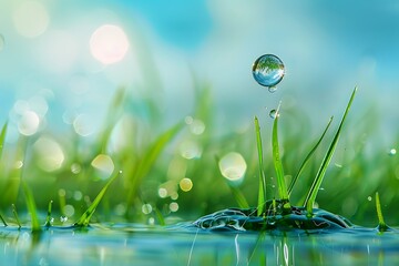 Wall Mural - A water drop frozen in time as it splashes against a sharp blade of grass