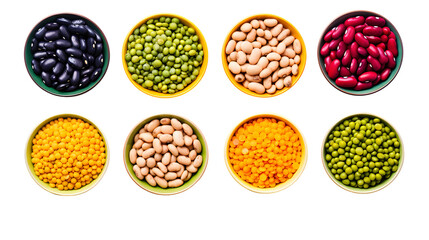 A Variety of dry Beans in Colorful Bowls isolated on white background