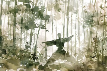 a chinese martial artist practicing traditional kung fu in a dense bamboo forest