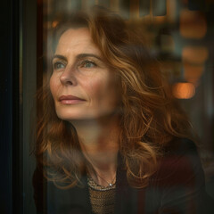 Canvas Print - a 40 year old woman looking out the window of an office or cafe