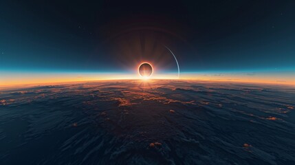 Wall Mural - An eclipse casts a long shadow on the sunrise Earth, set against the vast backdrop of deep space. The scene is bathed in serene colors, creating a peaceful and awe-inspiring dawn.