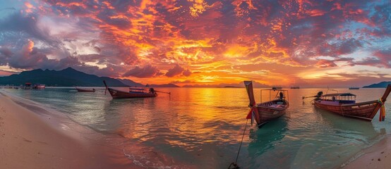 Wall Mural - panoramic view of a beautiful sunset at koh r grandmother beach with long tail boats and mountains in the background, a dramatic sky, orange and red clouds, vibrant colors