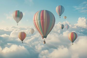  A hot air balloon in the sky is a majestic sight, gracefully drifting amidst the clouds, painting the sky with vibrant colors and offering a serene journey above the earth.