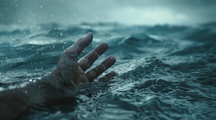 Wall Mural - A desperate hand reaches out from the sea, a silent cry for help amidst the vastness of the high seas, captured in a close-up under the foreboding light.