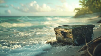 Wall Mural - A pirate treasure chest washed ashore on a secluded beach, with waves gently lapping at its base