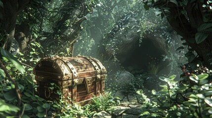 A treasure chest hidden deep in a lush, dense forest, partially covered by foliage and vines