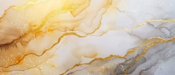 Wall Mural - abstract wallpaper with wavy watercolor effects in white and liquid gold, nice texture and very artistic
