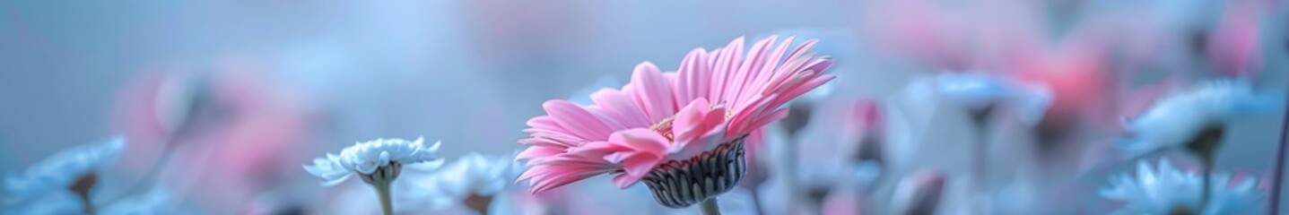 Dawn Awakening: Vibrant Pink Flower Amidst White Daisies in Early Morning Field, Symbolizing Fresh Beginnings