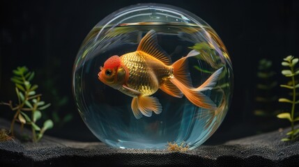 Oranda goldfish in glass jar aquarium on dark black background.