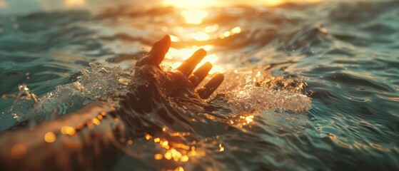 Wall Mural - A desperate hand reaches out from the sea, a silent cry for help amidst the vastness of the high seas, captured in a close-up under the foreboding light.