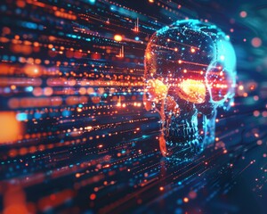 Wall Mural - abstract visualization of a cyber attack with glowing data streams, digital skull, futuristic antivi