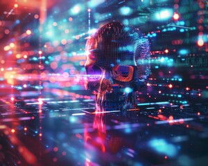 Wall Mural - abstract visualization of a cyber attack with glowing data streams, digital skull, futuristic antivi