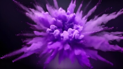 Vibrant purple powder explosion creating an abstract pattern against a dark background. Swirling bursts of paint in vivid shades of purple evoke a sense of energy, creativity, and motion.
